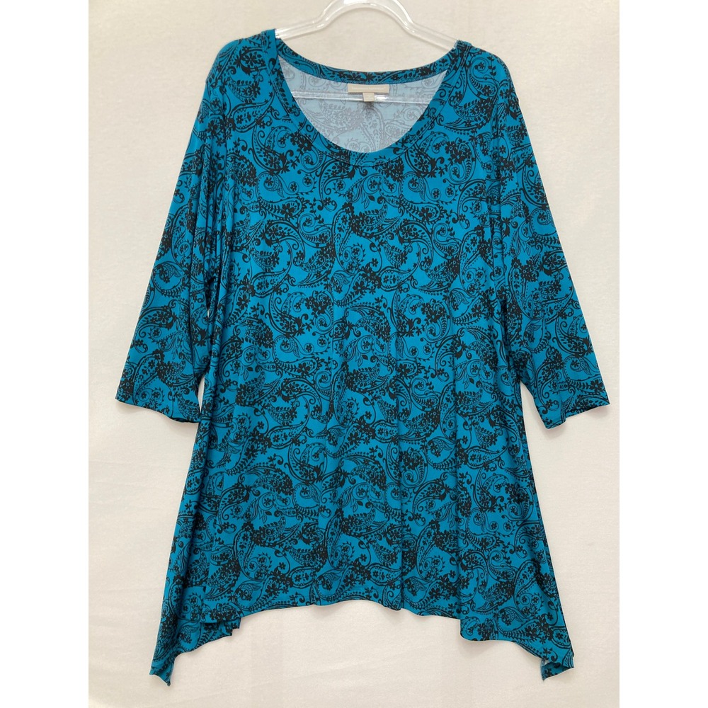 Woman Within Tunic Top 1X Blue Paisley Sharkbite Hem 3/4 Sleeve 37-3076-9